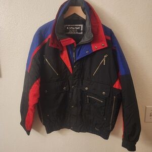 OSSI Skiwear Vintage Ski Jacket Mens M Black Red Blue Colorblock Insulated Nylon
